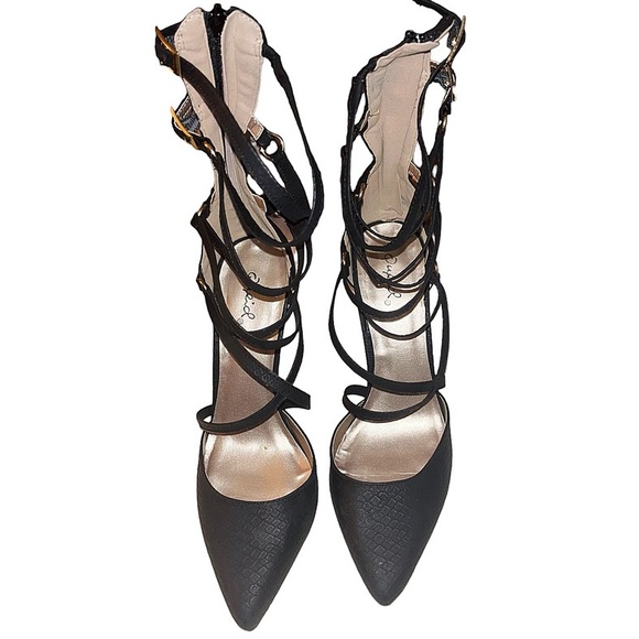 Black Snakeskin Point Toe Stiletto Heels - Picture 3 of 5